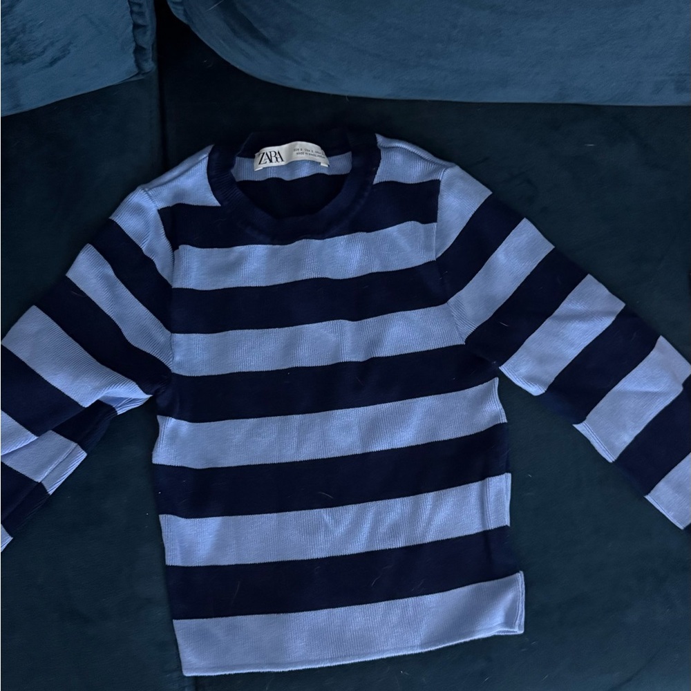 Zara Women's Navy and Light Blue Striped Long Sleeve Top